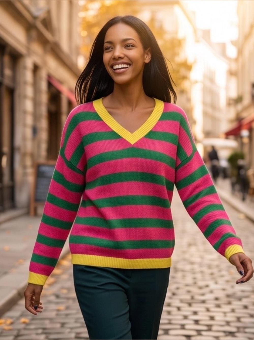 Blooming Jelly Pink Green Colorblock V-Neck Oversized Sweater Womens Small NWT